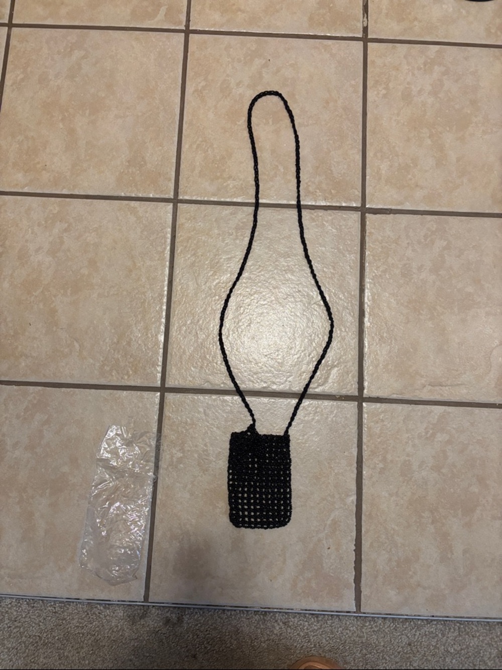 Black Beaded Phone Crossbody Pouch - Protective Hands-Free Carrier